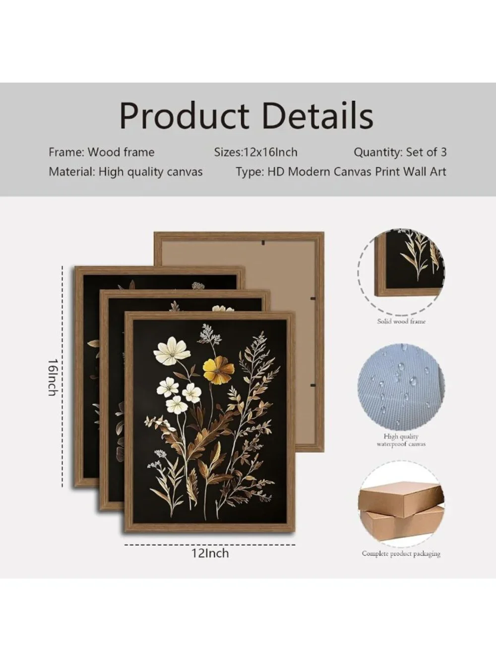 Set of 3 Vintage Black Flower Botanical Canvas Prints - Dark Academia Wall Art